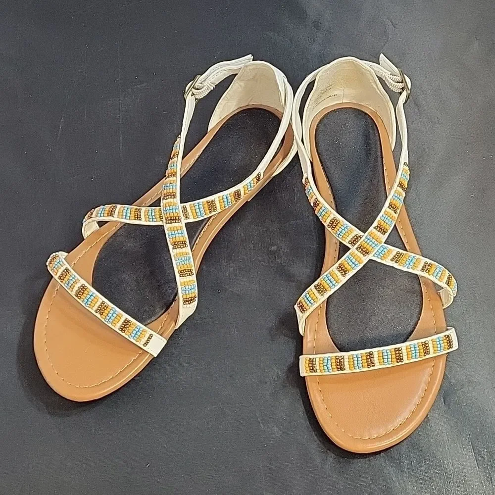 BEADED LEATHER UPPER CRISSCROSS STRAP BACK ANKLE BUCKLE STRAP CLOSURE SANDAL
